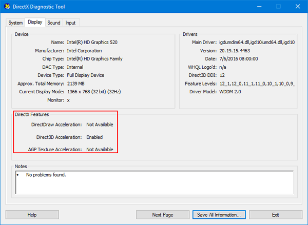 DirectX Diagnostic Tool in Windows 10